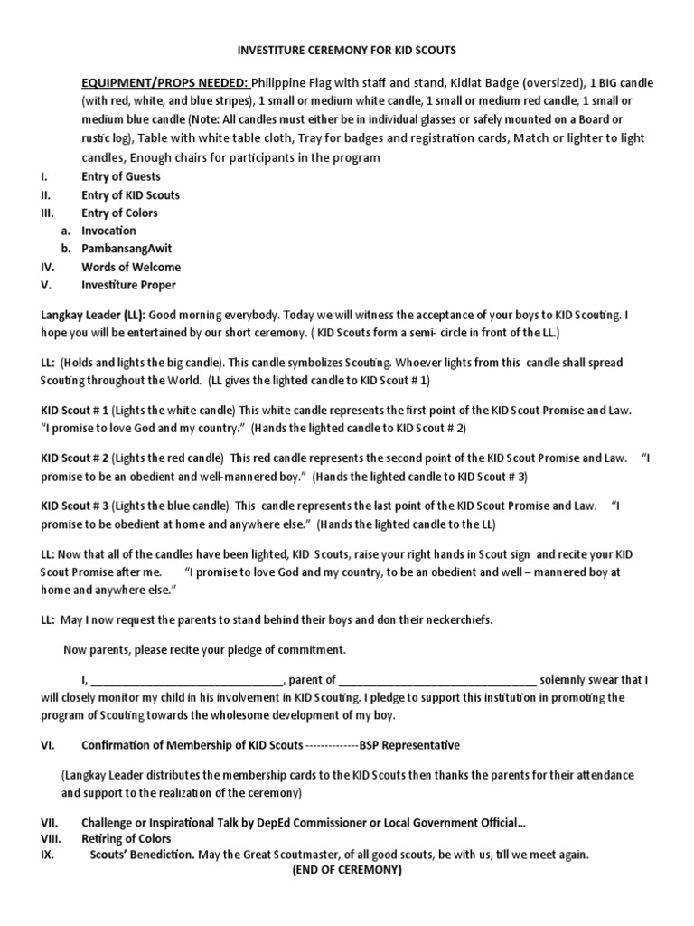 Investiture Ceremony For KID SCOUT SECTION SHORT | Download Free PDF