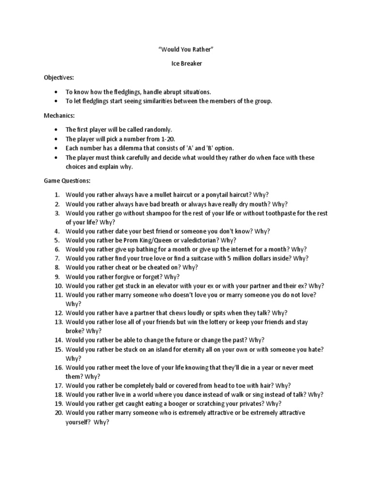 Would You Rather Ice Breaker PDF