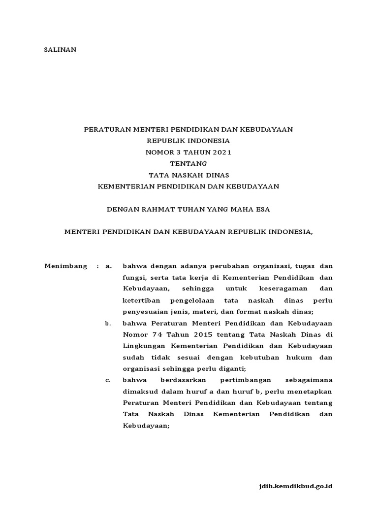 Permendikbud nomor 3 tahun 2021 ttg tata naskah dinas kementerian