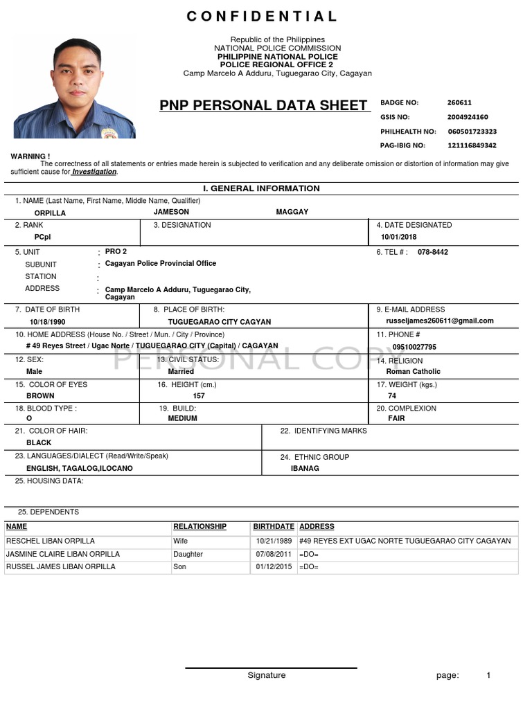 PNP Personal Data Sheet Template | PDF | Philippines | Linguistics