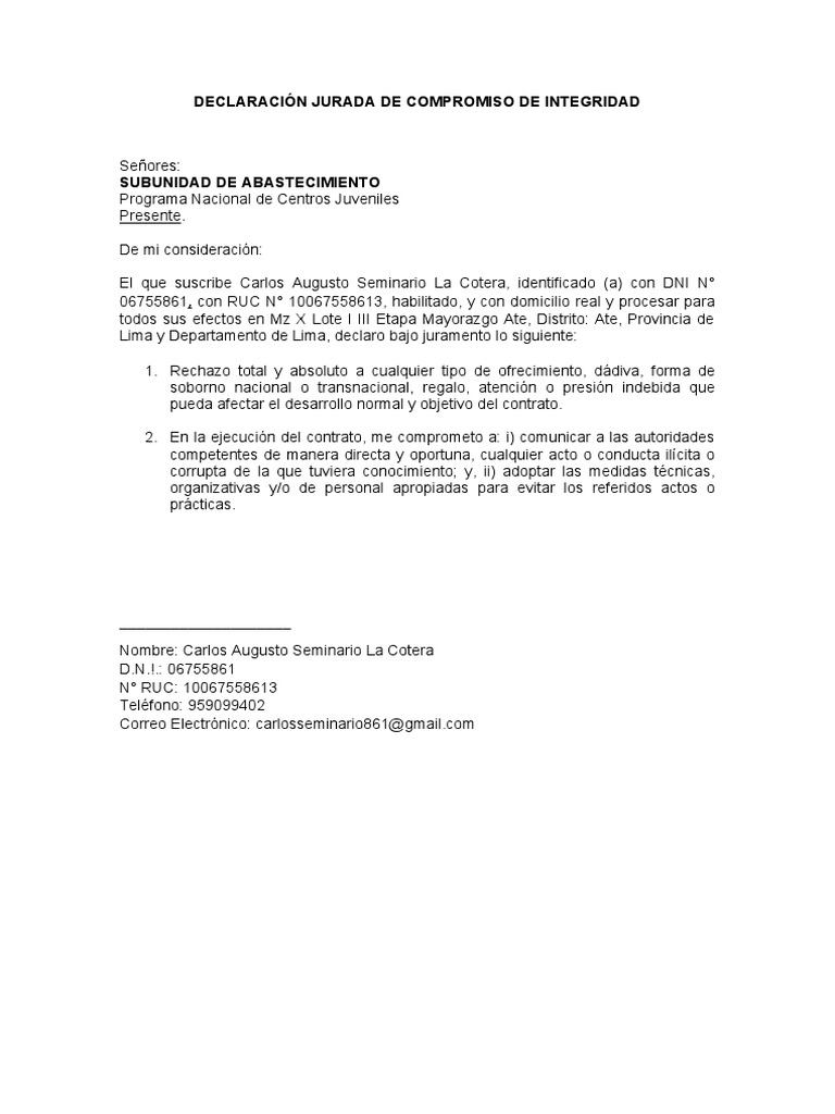 Declaración Jurada de Compromiso | PDF | Derecho