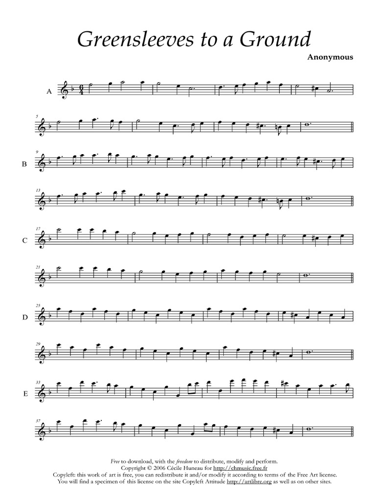 Greensleeves To A Ground Complete Score (Treble Recorder and Continuo