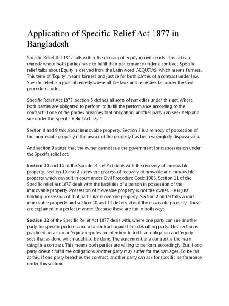 Application of Specific Relief Act 1877 in Bangladesh PDF