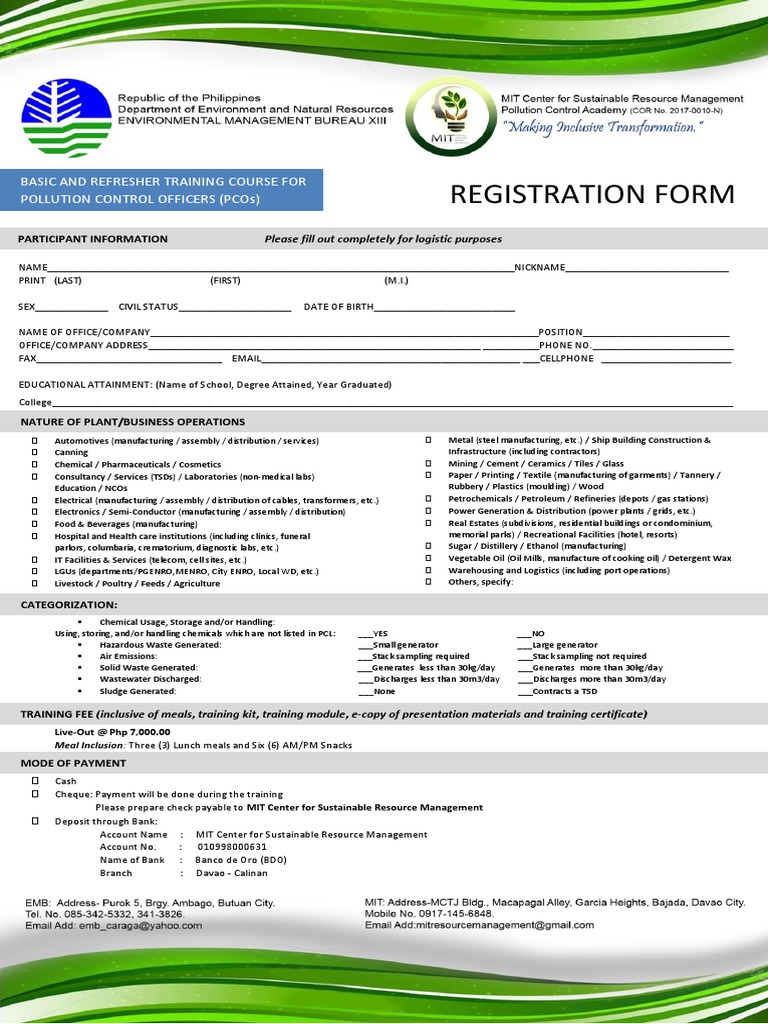 PCO Training Registration Form | PDF | Oil | Materials