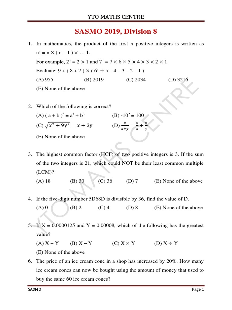SASMO 2019 Grade 8 Math Questions | PDF | Speed | Number Theory