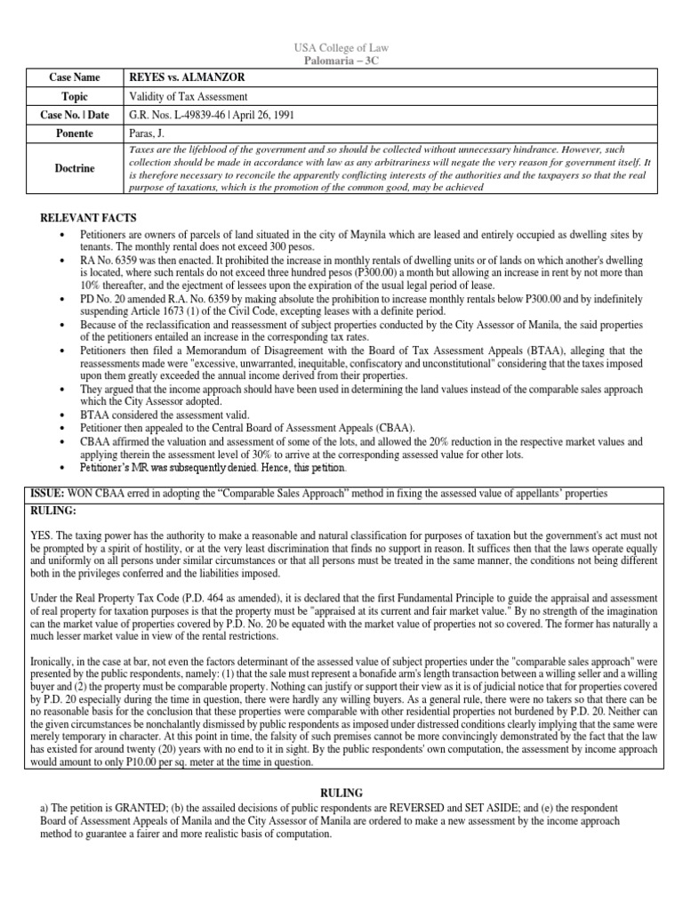 Reyes vs almanzor case digest pdf real estate appraisal market value