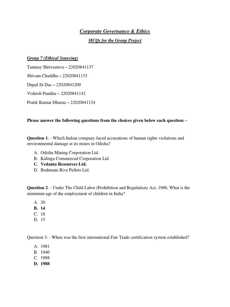 MCQs Ethical Sourcing PDF