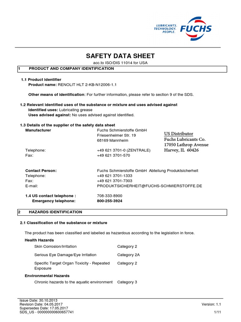 Safety Data Sheet for RENOLIT HLT 2KBN120061.1 Lubricating Grease PDF Toxicity Personal