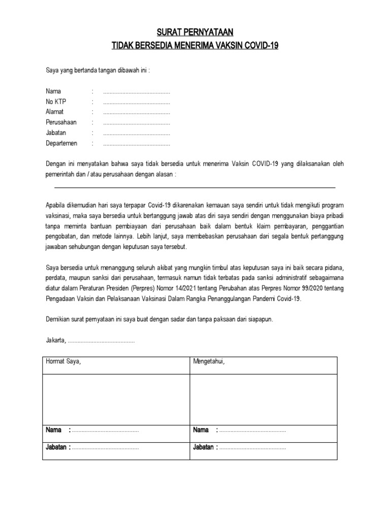 SURAT PERNYATAAN TIDAK BERSEDIA VAKSIN | PDF