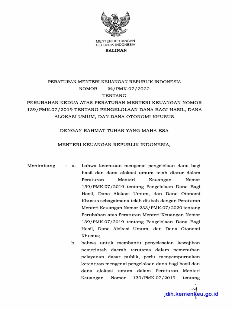 PMK No 86 PMK.07 2022 Pengelolaan Dana Bagi Hasil Dana Alokasi Umum | PDF