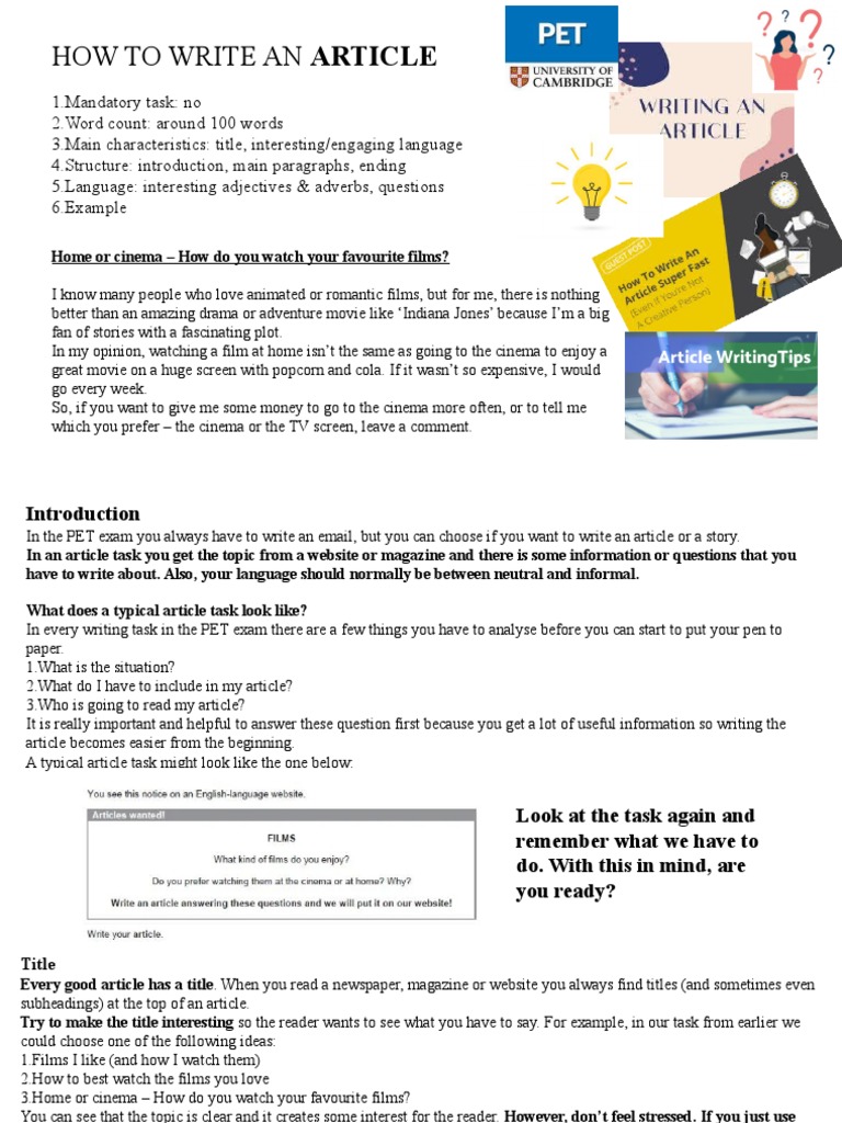 Writing Engaging Articles for Exams | PDF | Movie Theater | Cognition