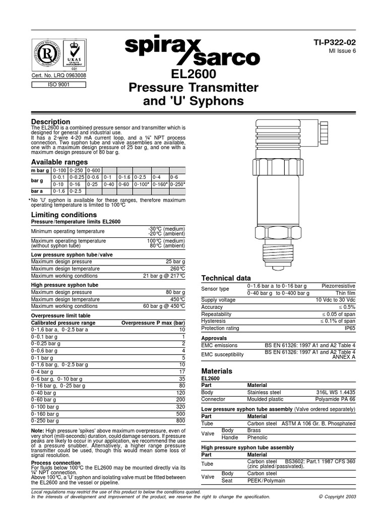 EL2600 Pressure Transmitter PDF Manufactured Goods Materials