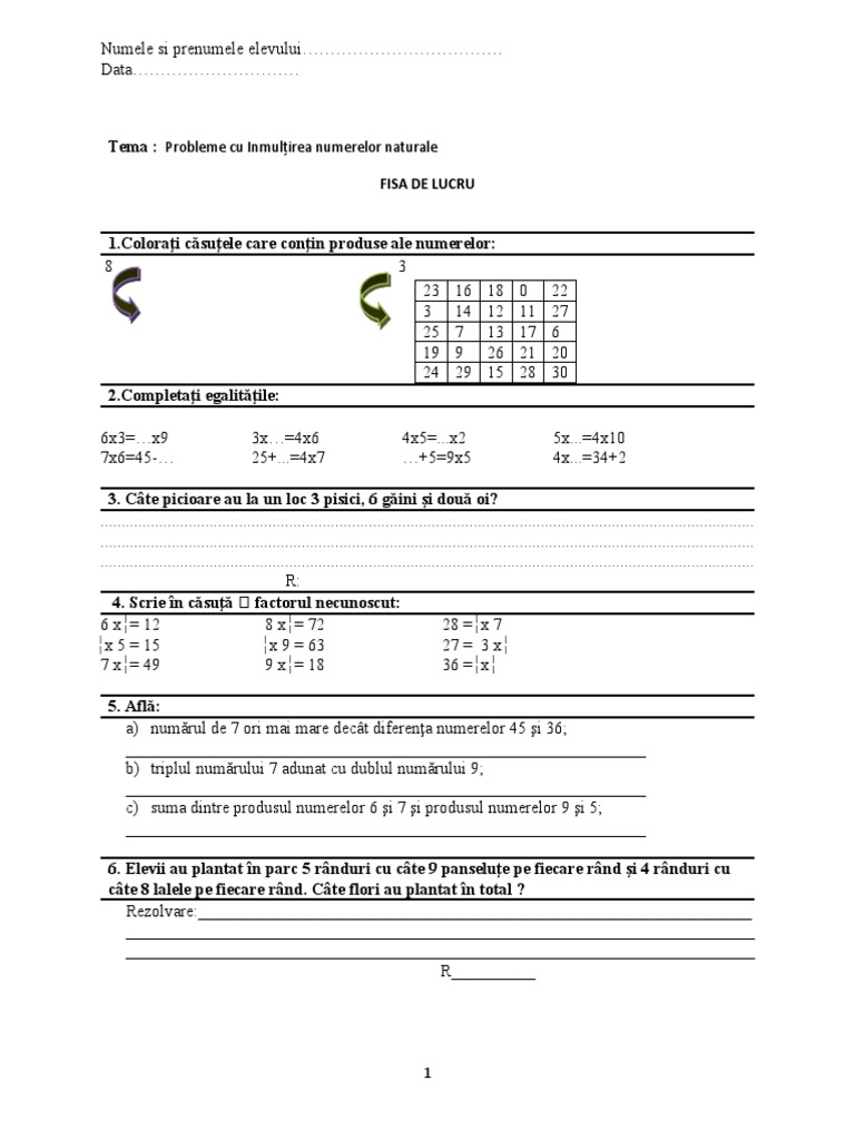 0 Matematica Fisa de Lucru Probleme Cu Inmultirea Numerelor Naturale | PDF