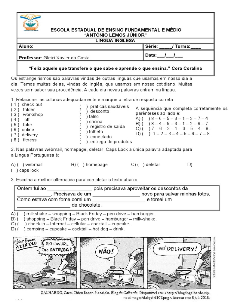 Atividades sobre Estrangeirismo 9º Ano | PDF | Linguística