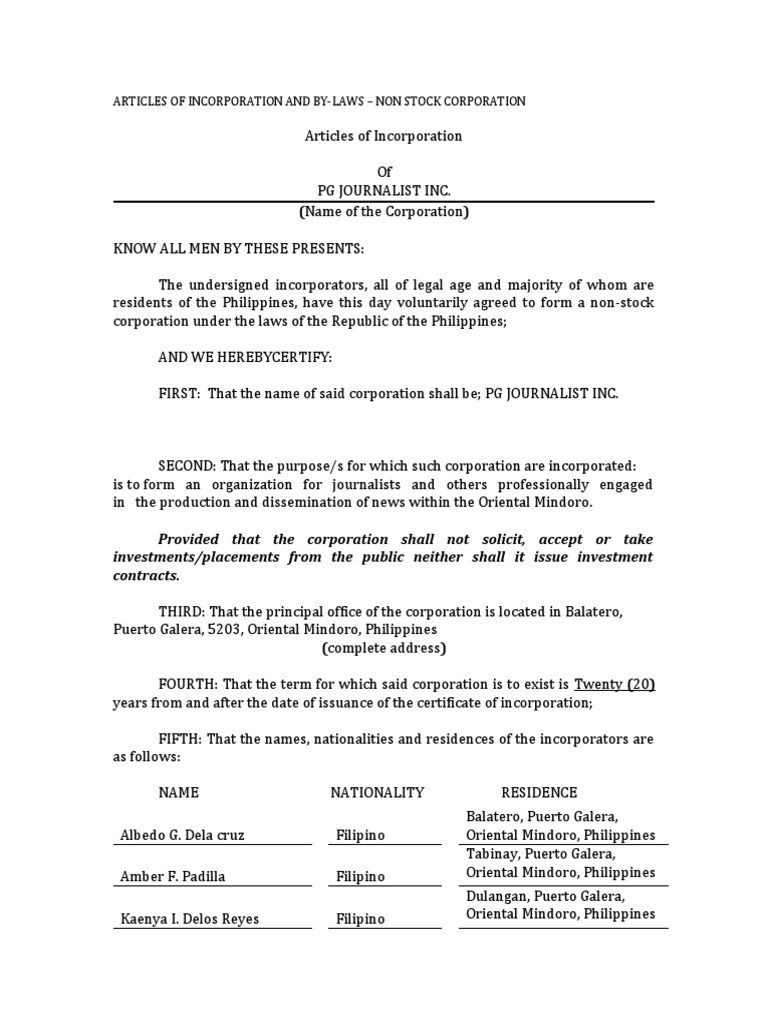 Articles of Incorporation and by Laws Non Stock Corporation PDF
