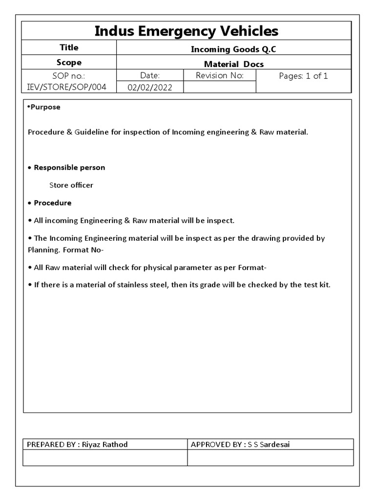 Standard Operating Procedure for Inspecting Incoming Engineering ...