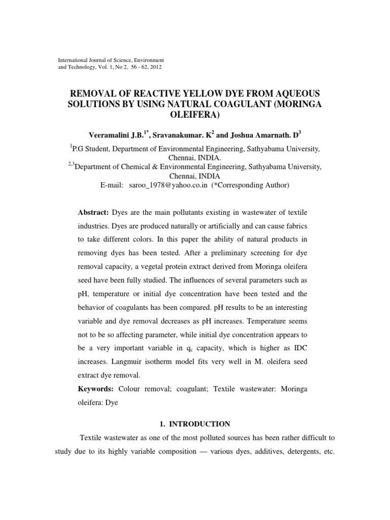 Removal of Reactive Yellow Dye From Aqueous Solutions by Using Natural