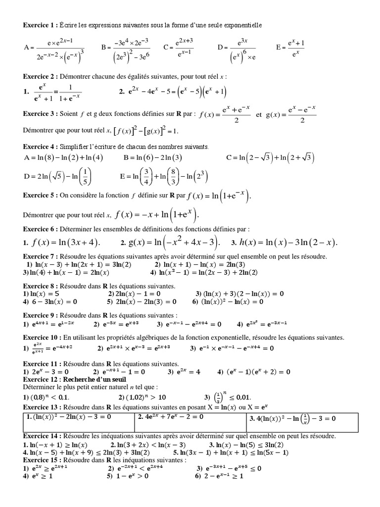 Exercices sur ln et exponentielle | PDF | Équations | Fonction ...
