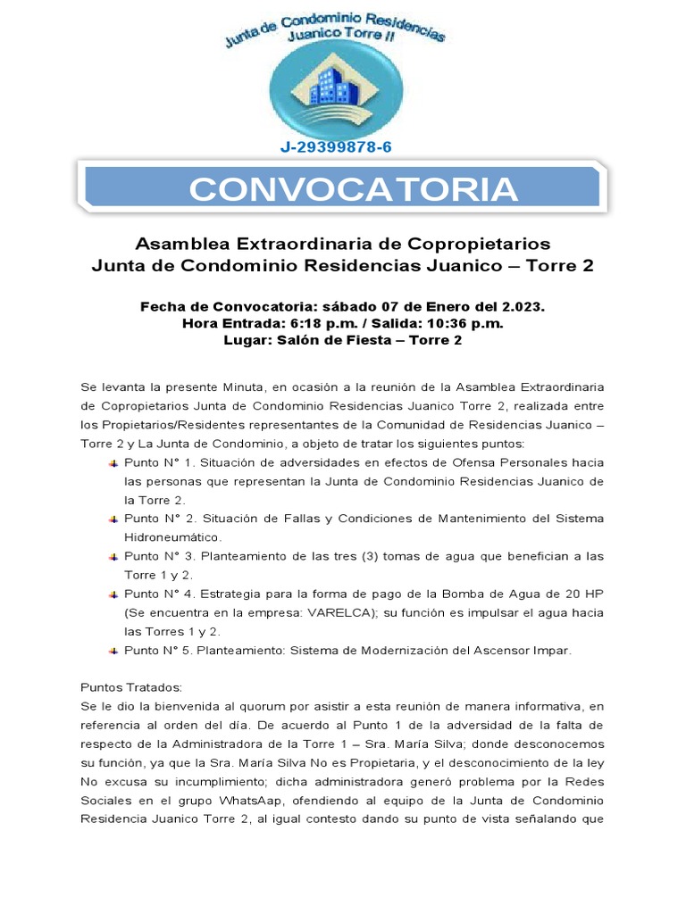 Manuscito - Carta - Convocatoria A Junta de Condominio (07!01!23) | PDF ...