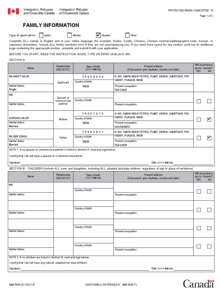 What Is Family Information Imm 5645