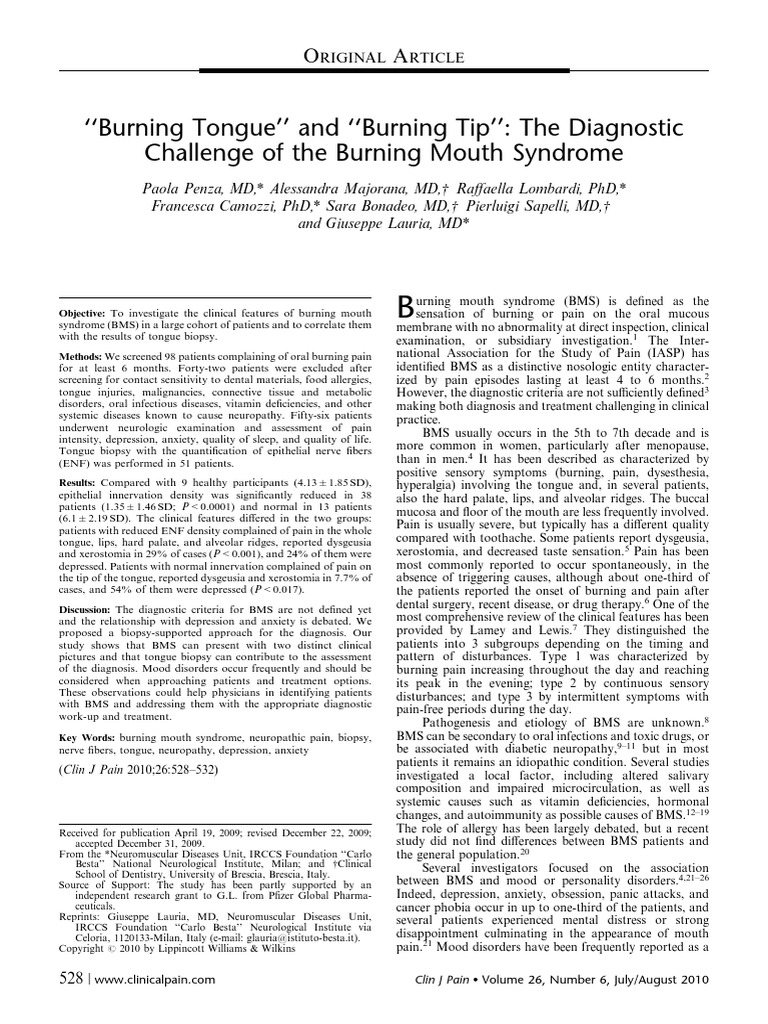 Burning Tongue and Burning Tip The Diagnostic Challenge of The Burning Mouth Syndrome PDF