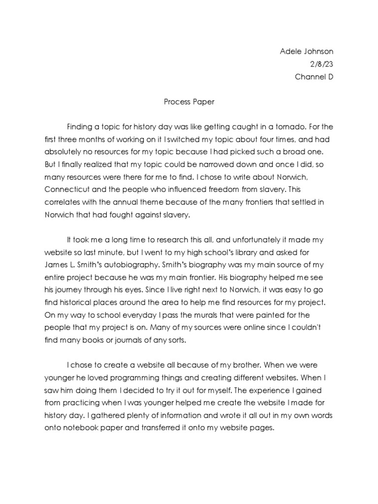 Adele Johnson History Day Process Paper PDF Slavery