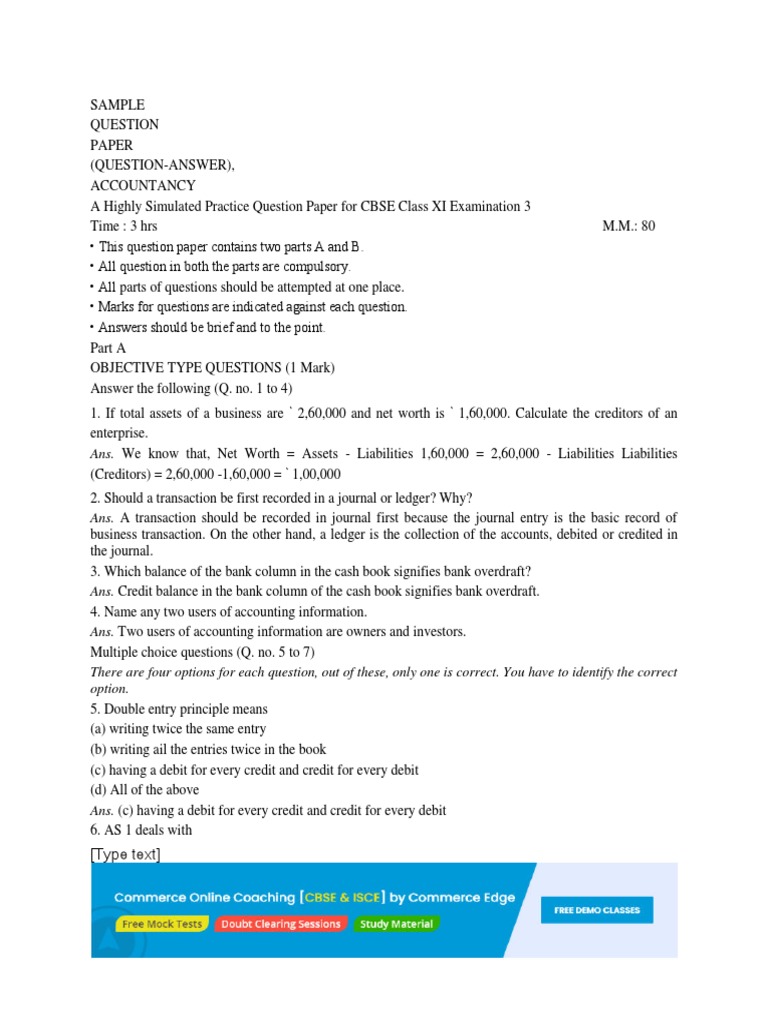 CBSE Class XI Accountancy Sample Paper | PDF | Debits And Credits | Expense
