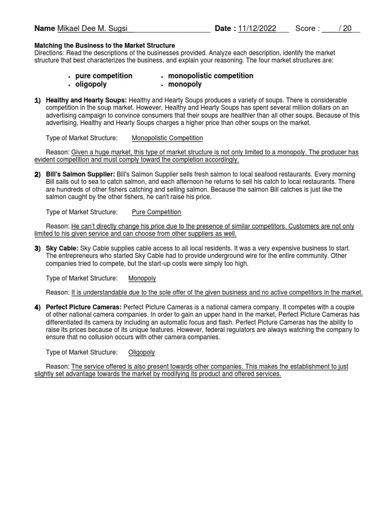 Sugsi - Type of Market Structure Worksheet | PDF | Monopoly | Oligopoly