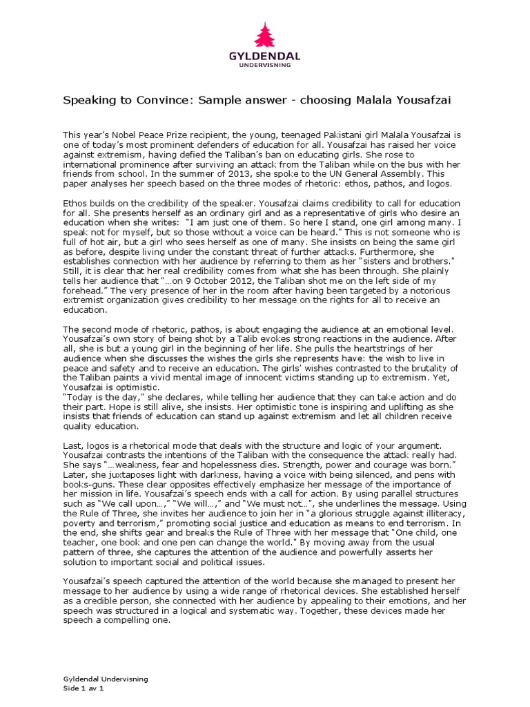 Papre 1 Sample Essay IB Speech Malala-Yousafzai | Download Free PDF ...
