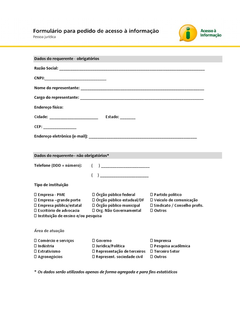 Formulario De Solicitacao De Informacao PJ PDF Carreira E 