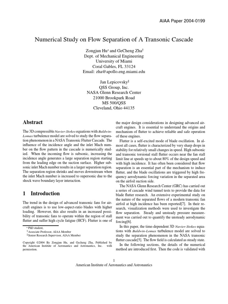 Numerical Study On Flow Separation of A Transonic Cascade: AIAA Paper ...
