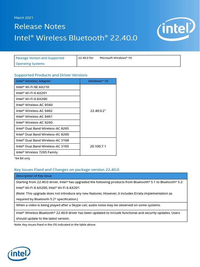 Releasenotes BT 22.40.0 | PDF | Bluetooth | Intel