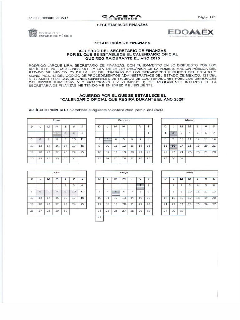 Calendario Gaceta de Gobierno Edomex 2020 PDF