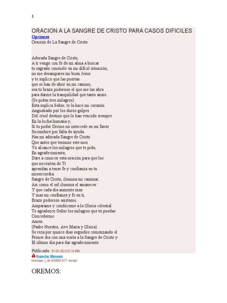 Oración a la Sangre de Cristo para Dificultades | PDF | Oración ...