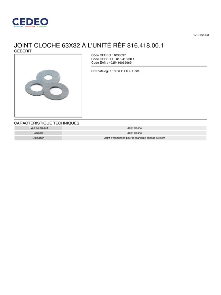 GEBERIT Joint de cloche 63x32 mm - 816.418.00.1
