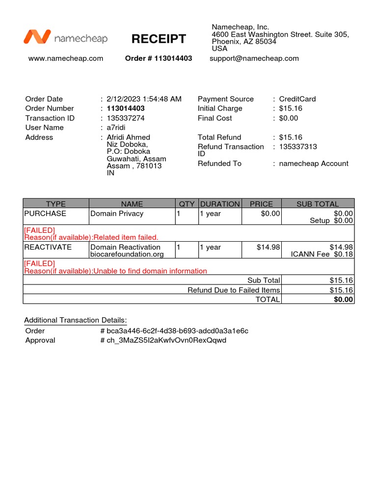 Namecheap Order Receipt and Refund Details | PDF