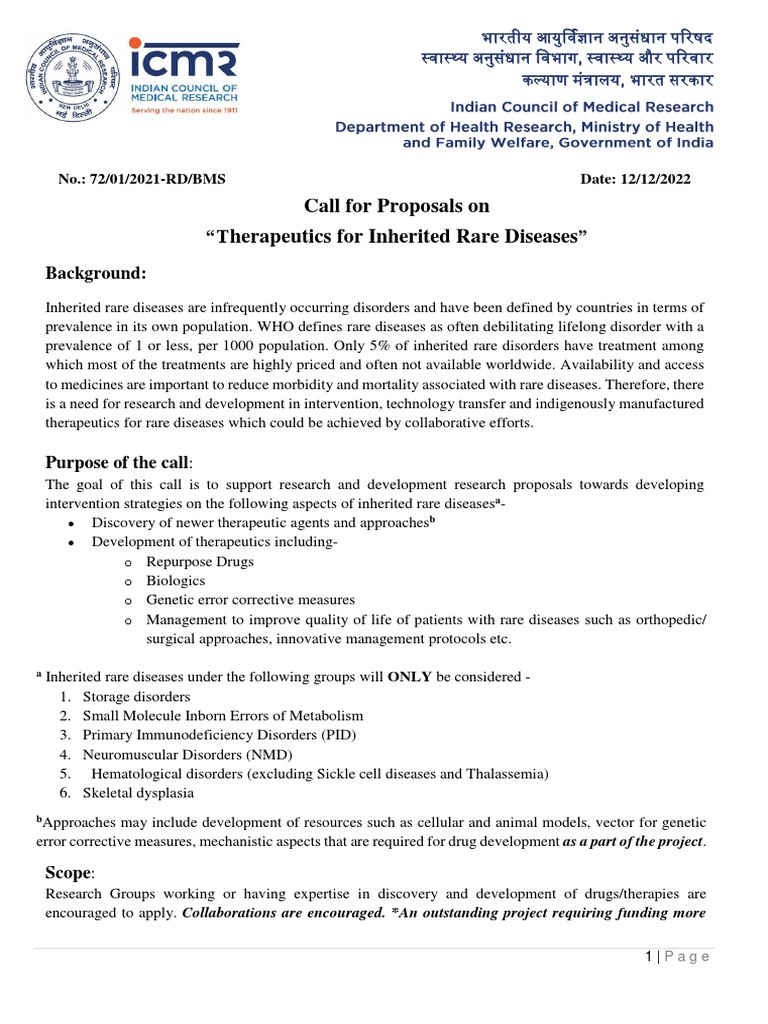 ICMR Call For Proposal Rare Diseases PDF Clinical Medicine Science