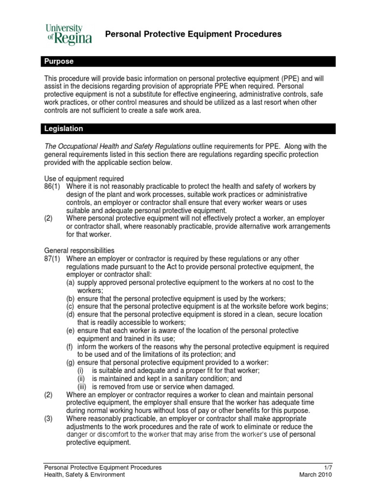 Personal Protective Equipment Procedures PDF Personal Protective