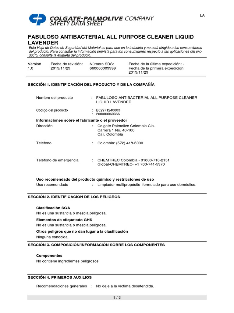 MSDS Fabuloso Lavanda Batch PDF Seguridad y salud ocupacional Química
