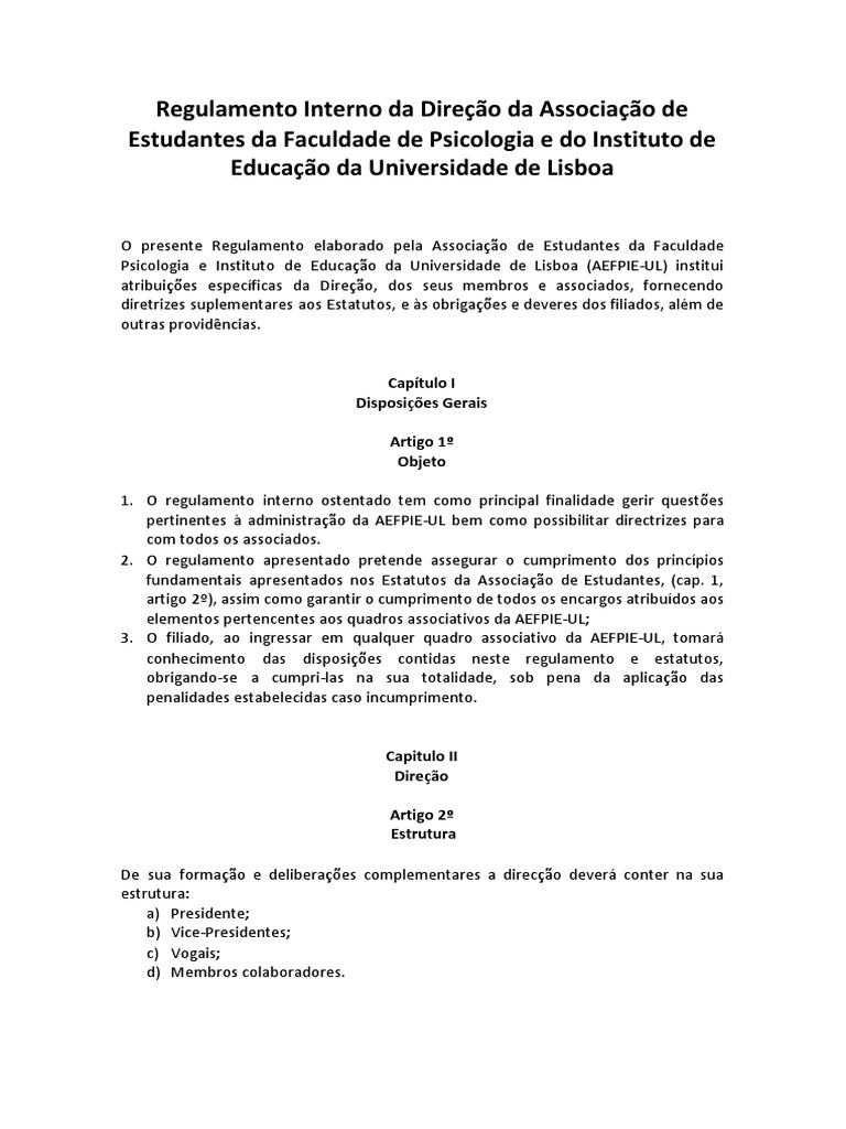 Regulamento Interno da AEFPIE-UL | PDF | Conselho de Segurança das ...