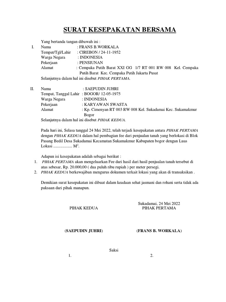 Contoh Surat Kesepakatan Bersama | PDF
