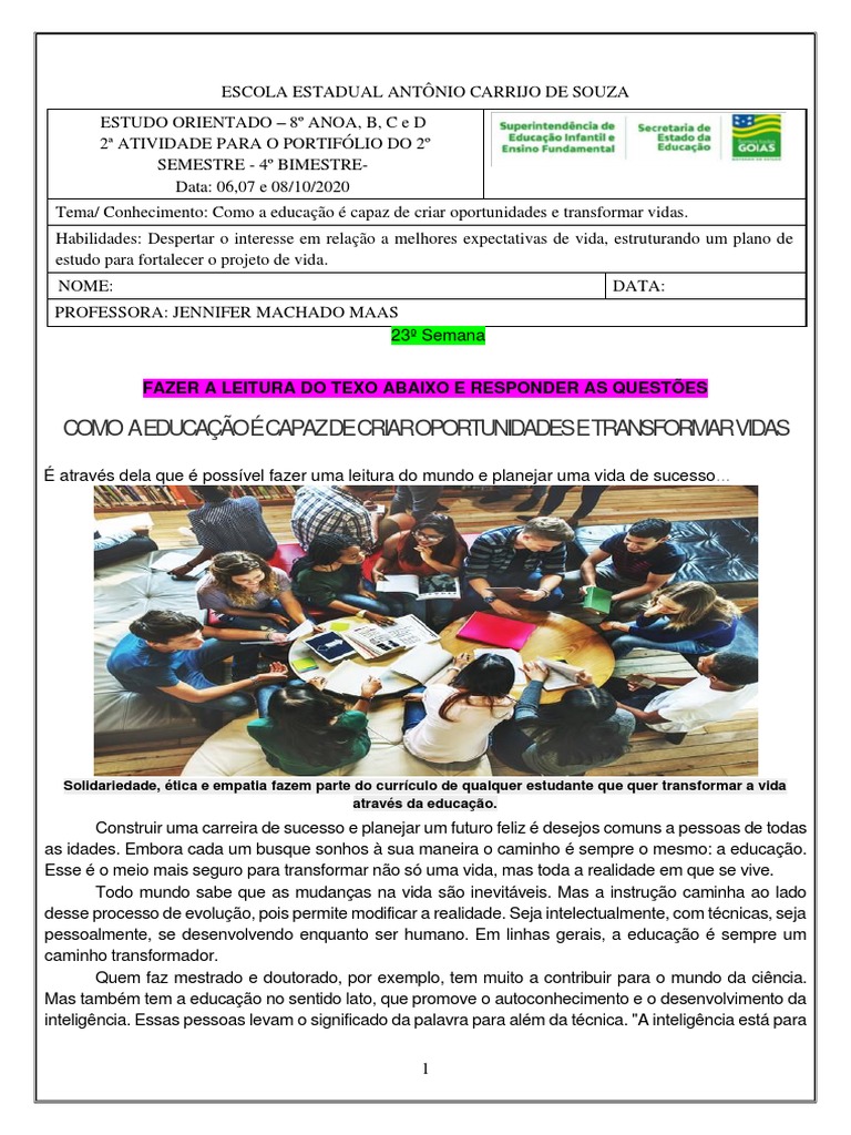 23° SEMANA - 2º Atividade Estudo Orientado 8 Ano PORTFÓLIO | PDF ...