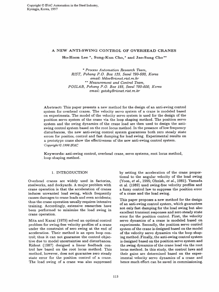 A New Anti Swing Control of Overhead Cranes | PDF | Control Theory ...