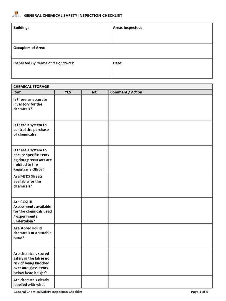 General Chemical Safety Inspection Checklist PDF Laboratories