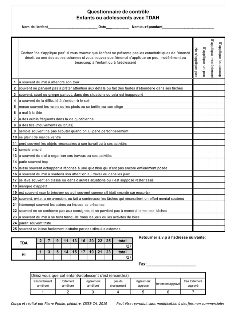 Questionnaire TDAH Enfant et Adolescent | PDF | Trouble du déficit de l ...