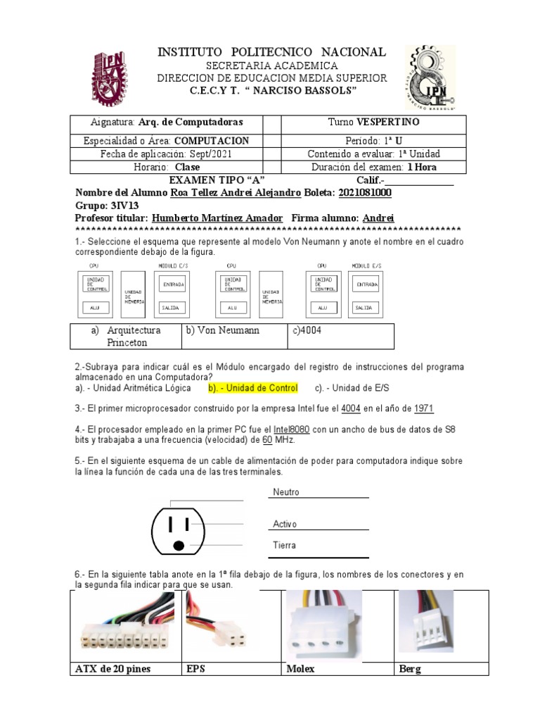 Examen de Arquitectura de Computadoras | PDF | Hardware de la ...