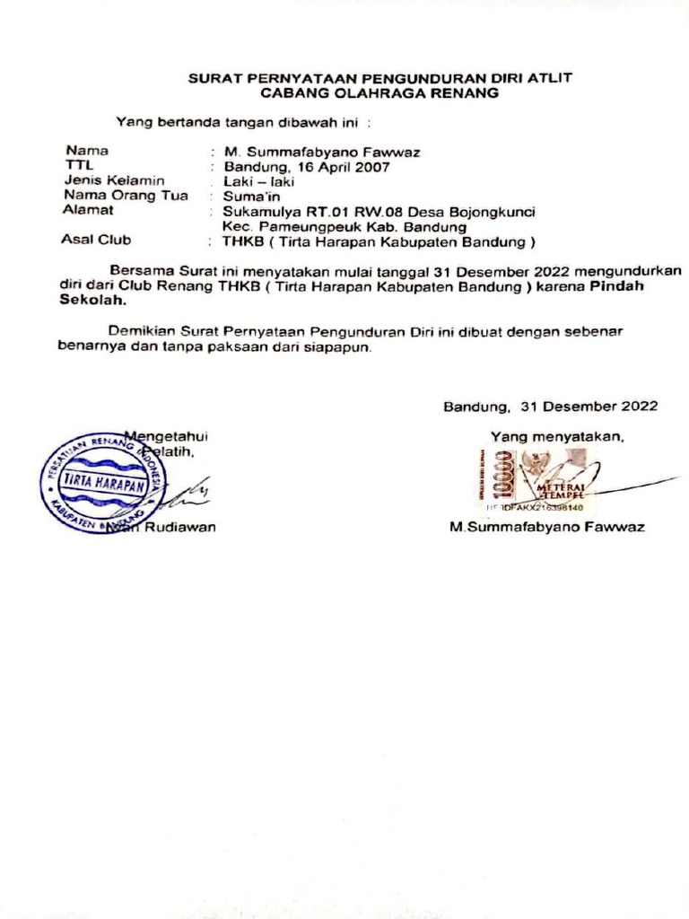 Surat Pengunduran Diri Atlet AQUATIC An. | PDF