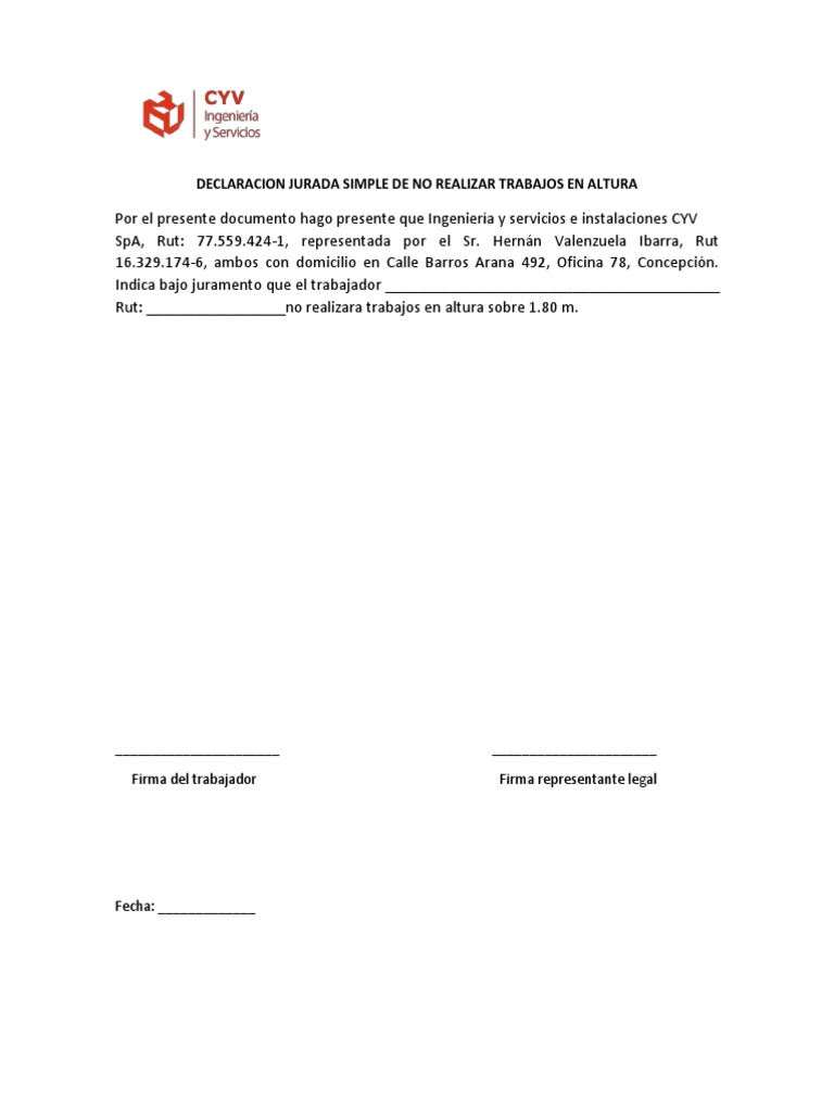 Declaración Jurada de No Realizar Trabajos en Altura | PDF