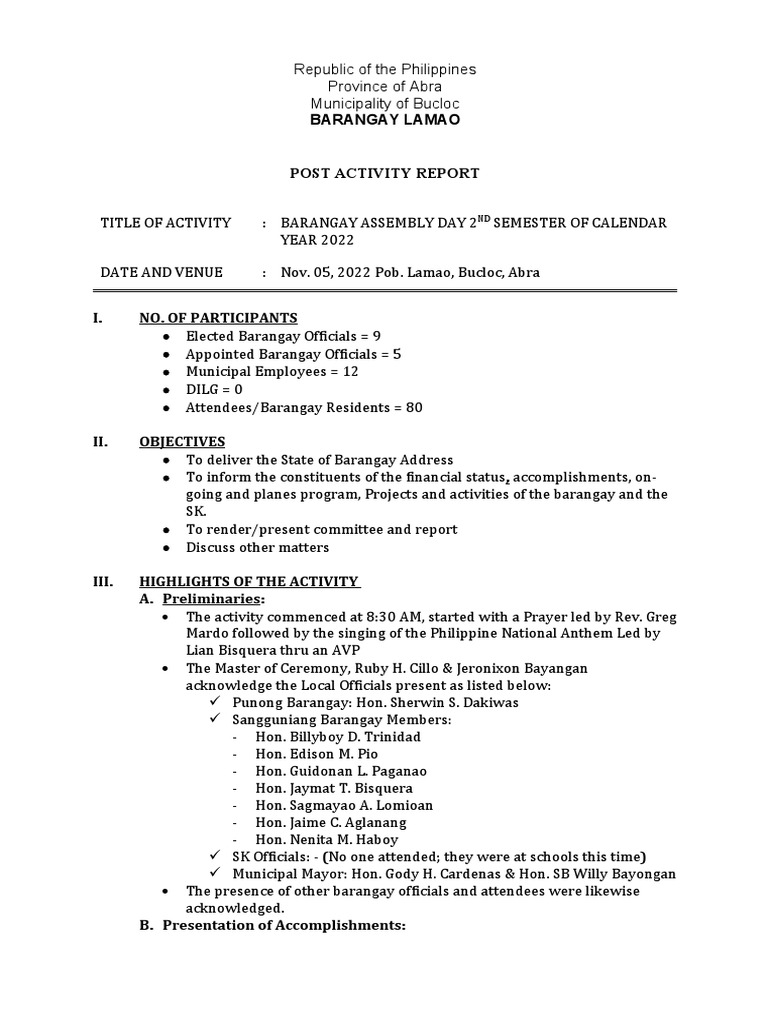Barangay Assembly Post Activity Report | PDF