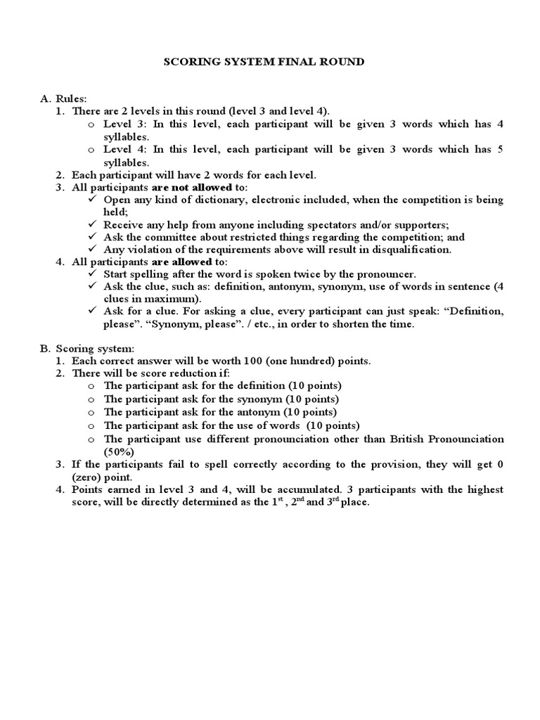 Spelling Bee Final Round Scoring Guide | PDF | Cognition | Languages